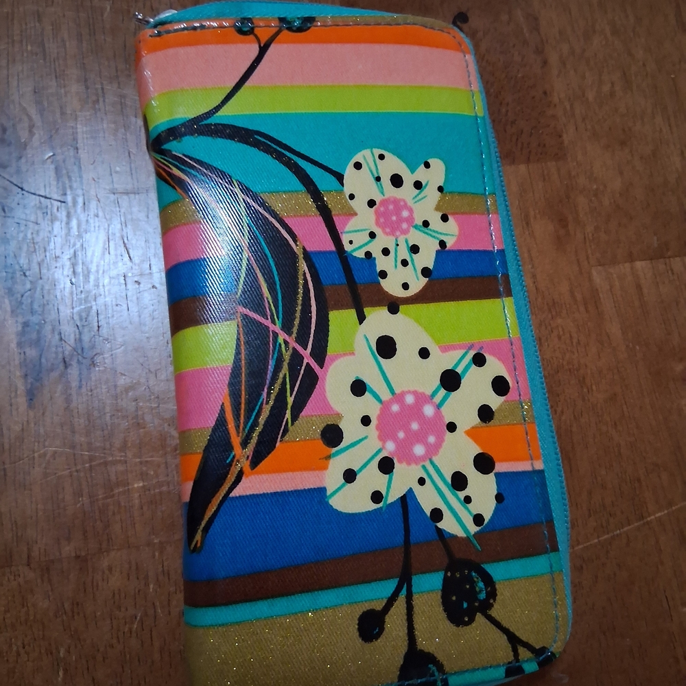 Colorful Striped Floral Zip-Around Wallet - Turquoise Multi
